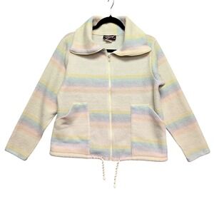 Pastelcore Kidcore Fleece Jacket Rainbow Pastel Stripe Vintage Medium Cream